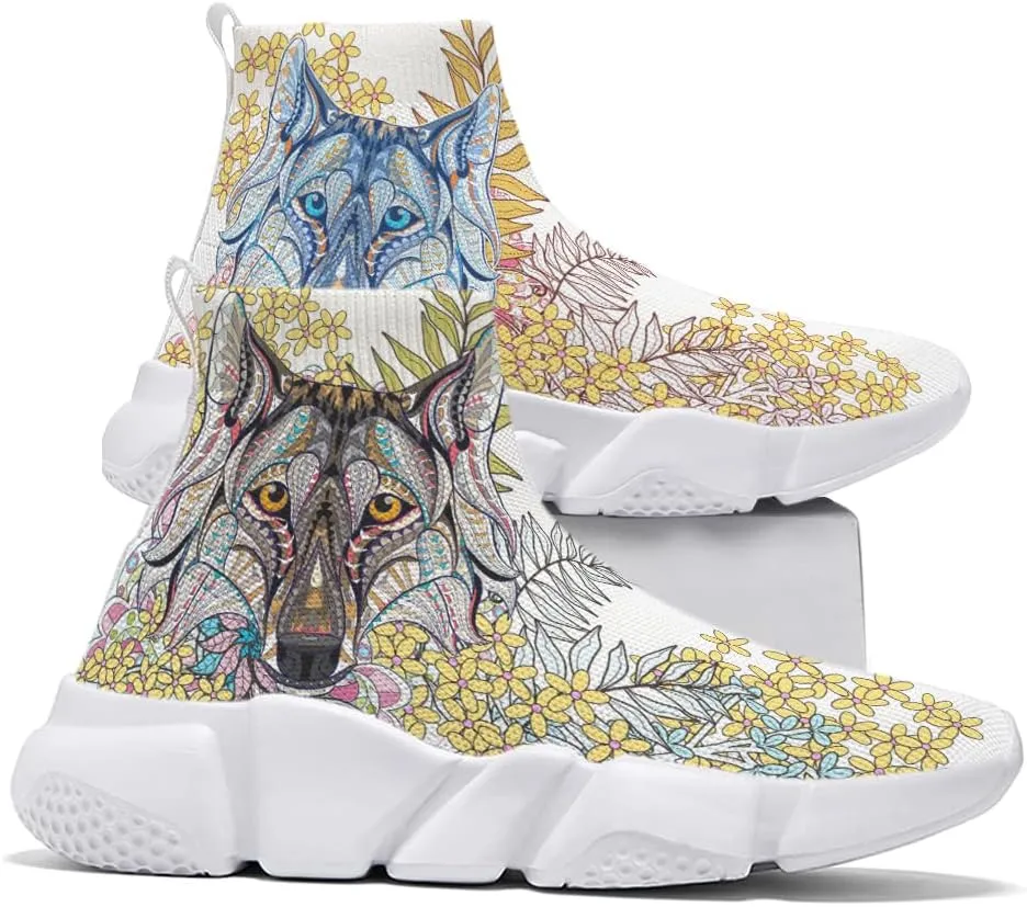 Mens Fashion Wolf Graffiti Shoes - Lightweight Breathable Walking Shoes Athletic Running Shoes Slip-on Sock Sneakers 7-15