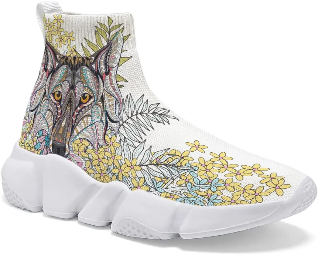 Mens Fashion Wolf Graffiti Shoes - Lightweight Breathable Walking Shoes Athletic Running Shoes Slip-on Sock Sneakers 7-15