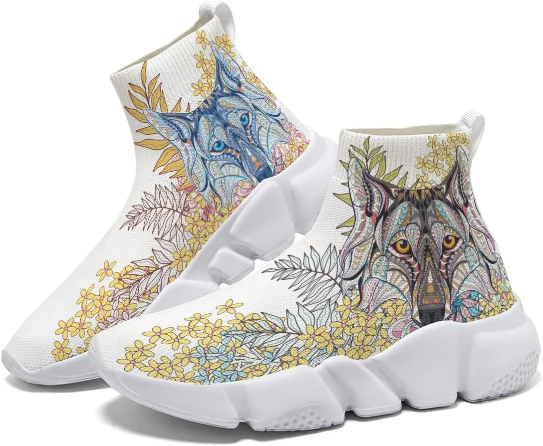 Mens Fashion Wolf Graffiti Shoes - Lightweight Breathable Walking Shoes Athletic Running Shoes Slip-on Sock Sneakers 7-15
