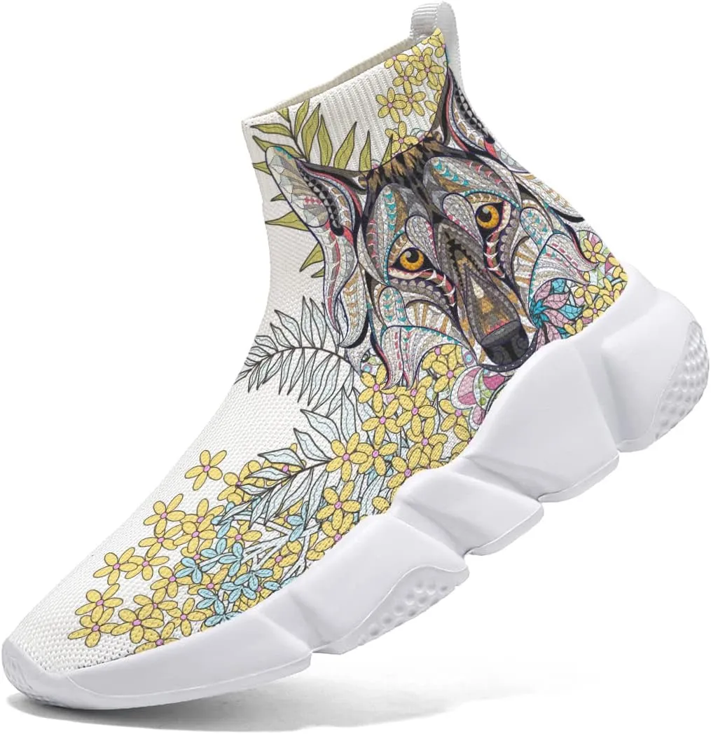 Mens Fashion Wolf Graffiti Shoes - Lightweight Breathable Walking Shoes Athletic Running Shoes Slip-on Sock Sneakers 7-15