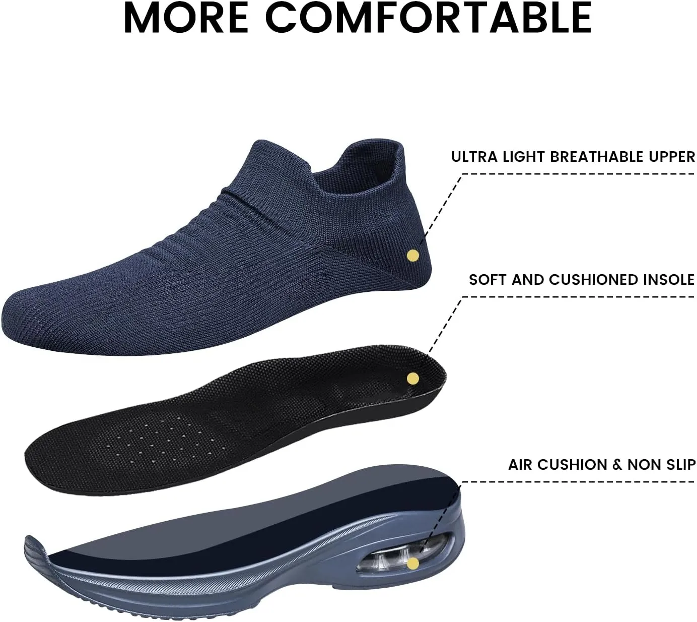 Mens Walking Shoes Sock Casual Fashion Sneakers Comfortable Slip On Air Cushion Workout Athletic Gym Running Shoes