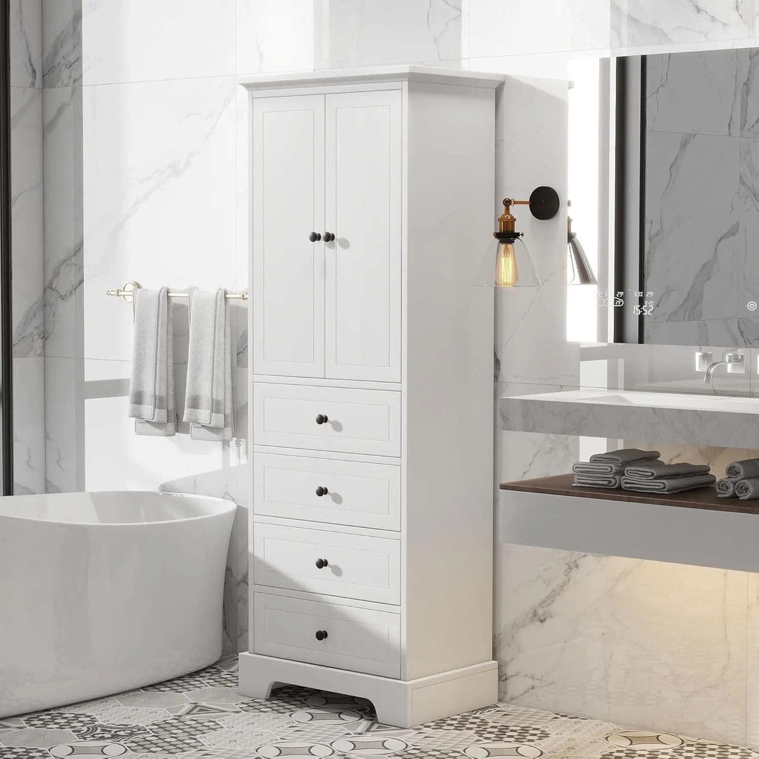 Merax Bathroom Cabinet with Doors and Drawers, Tall Storage Pantry for Home Kitchen, Adjustable Shelf,