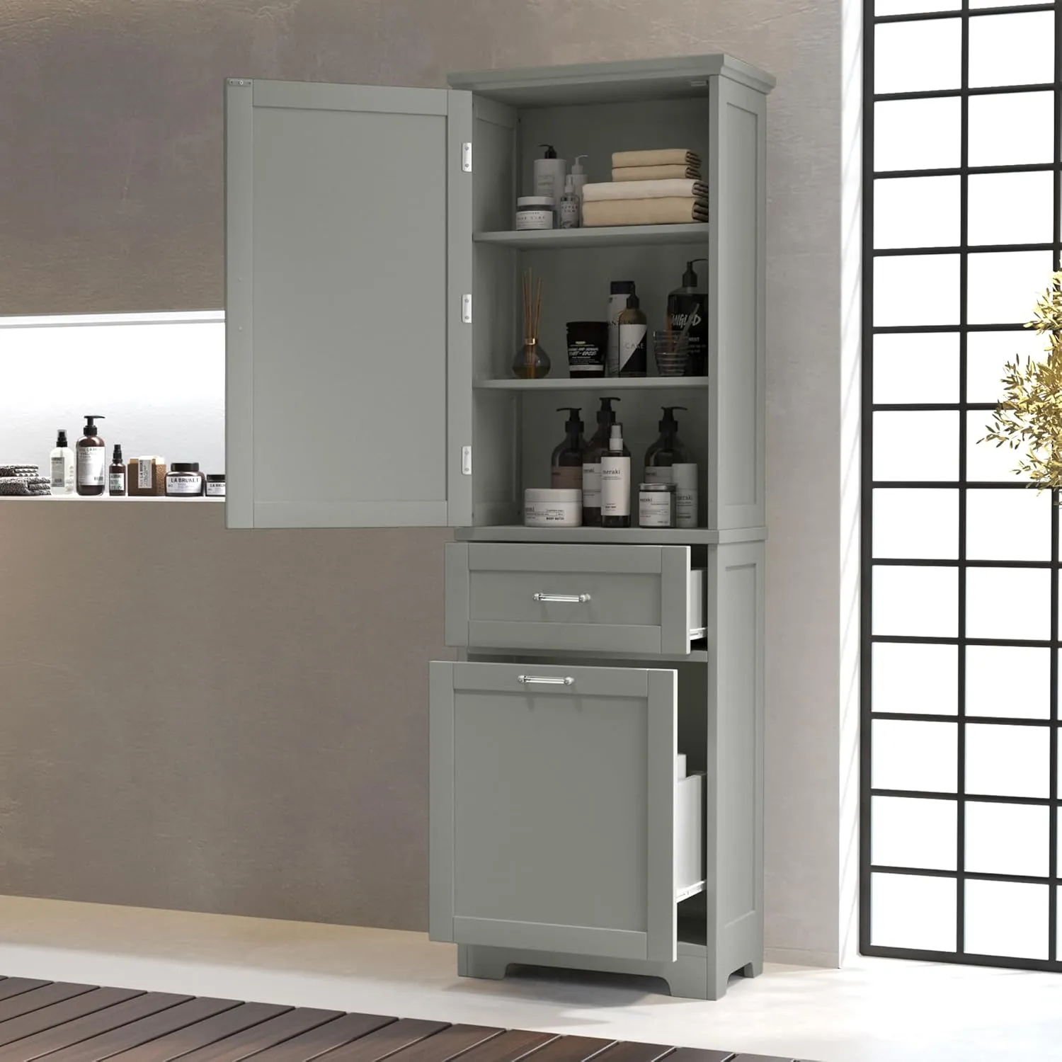Merax Bathroom Cabinet with Drawers and Doors, Tall Storage Display Organizer, Kitchen Pantry, Grey