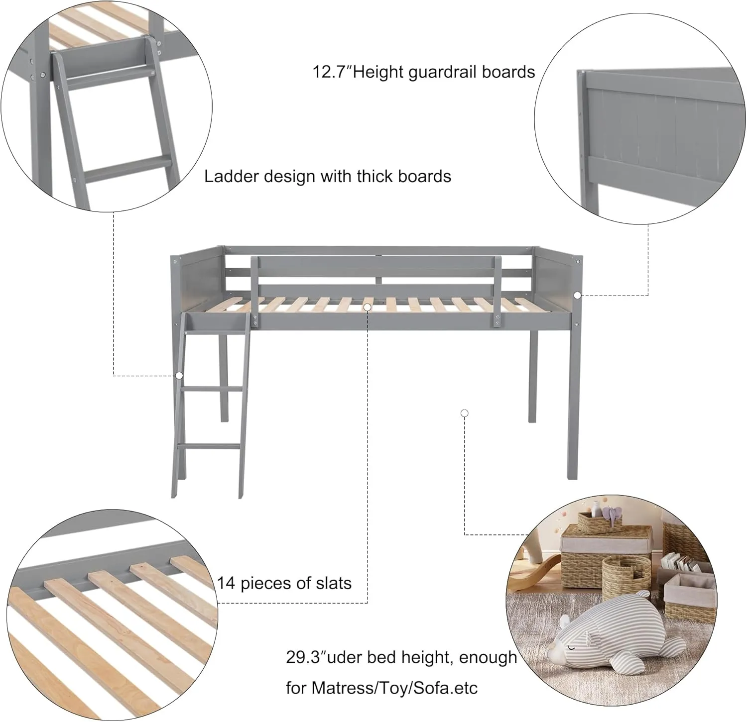 Merax Low Loft Bed: Wooden loft Bed with Ladder, Low Loft Bed with Full Guardrail,Ladder can be Placed on The Left or Right, Full Size,Grey