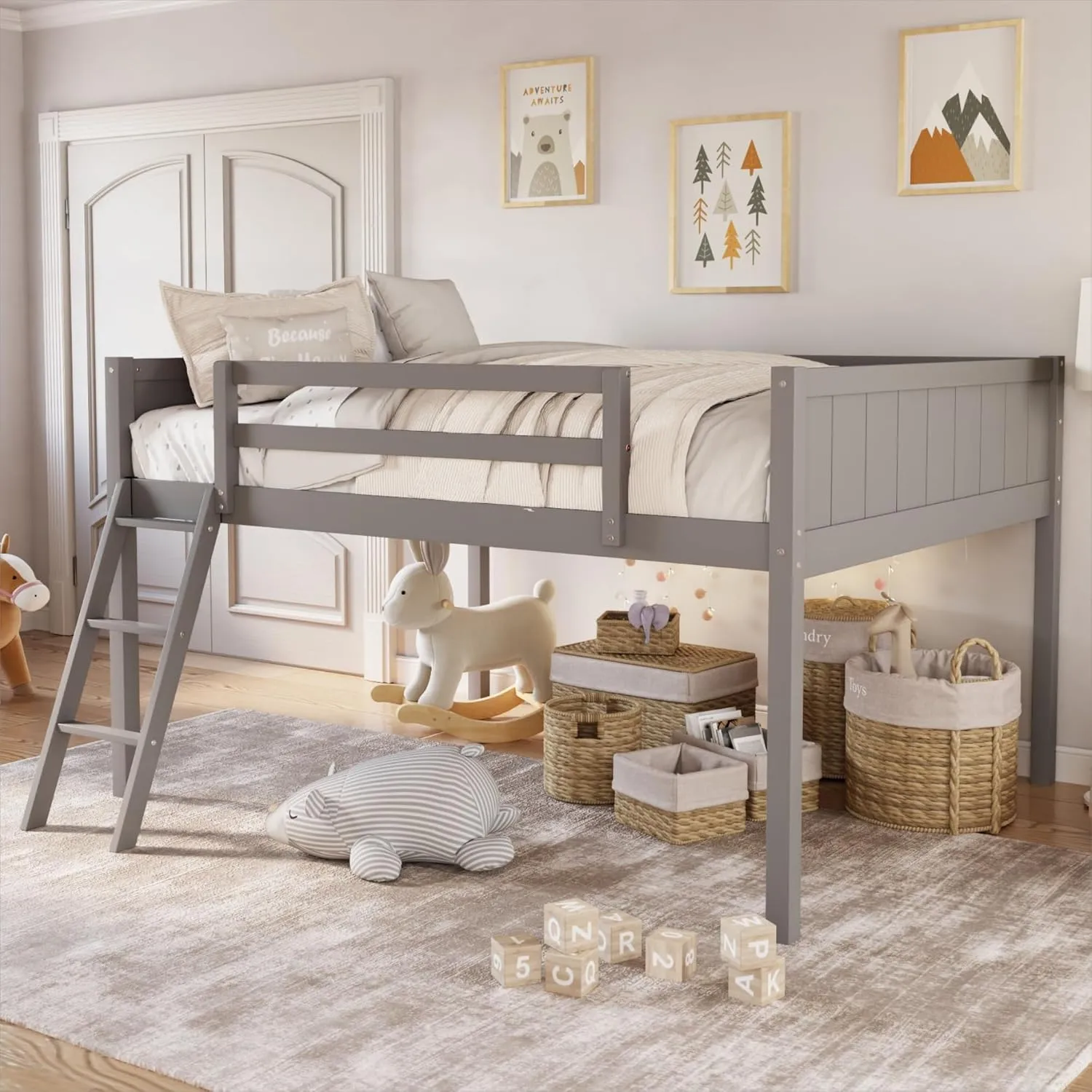 Merax Low Loft Bed: Wooden loft Bed with Ladder, Low Loft Bed with Full Guardrail,Ladder can be Placed on The Left or Right, Full Size,Grey