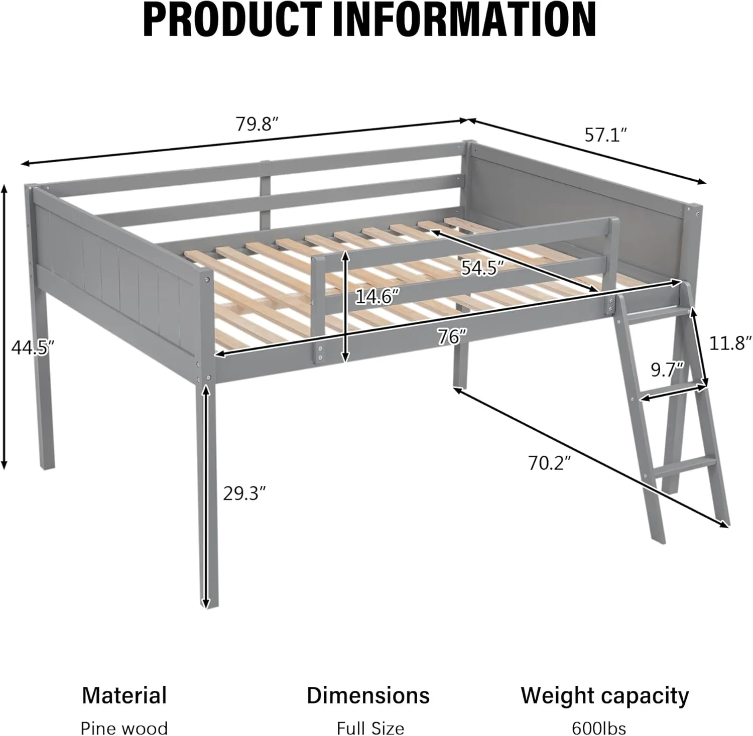 Merax Low Loft Bed: Wooden loft Bed with Ladder, Low Loft Bed with Full Guardrail,Ladder can be Placed on The Left or Right, Full Size,Grey