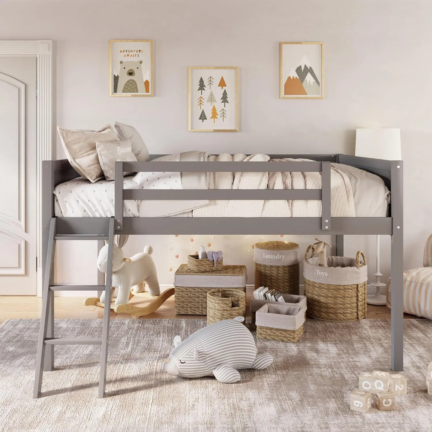 Merax Low Loft Bed: Wooden loft Bed with Ladder, Low Loft Bed with Full Guardrail,Ladder can be Placed on The Left or Right, Full Size,Grey