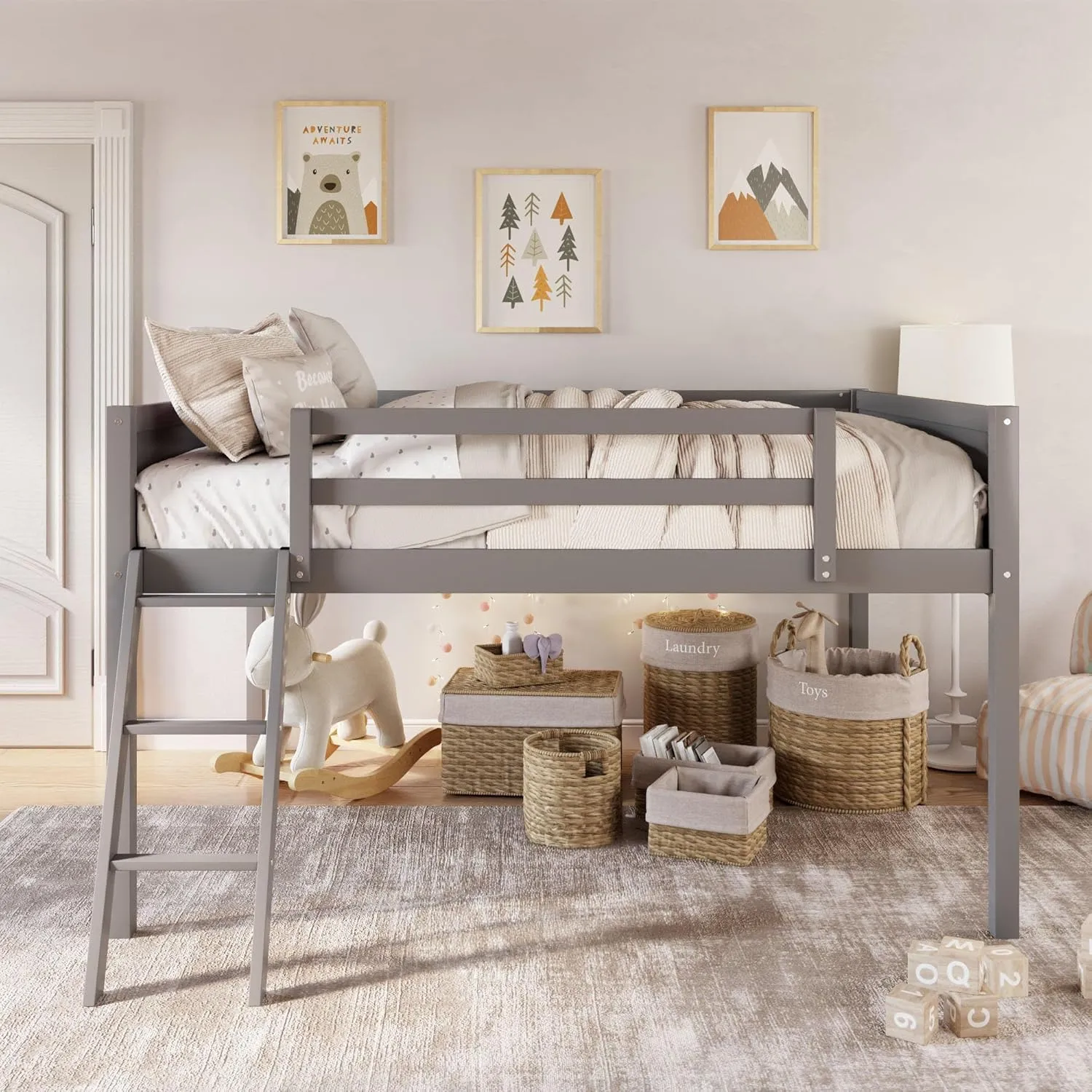Merax Low Loft Bed: Wooden loft Bed with Ladder, Low Loft Bed with Full Guardrail,Ladder can be Placed on The Left or Right, Full Size,Grey