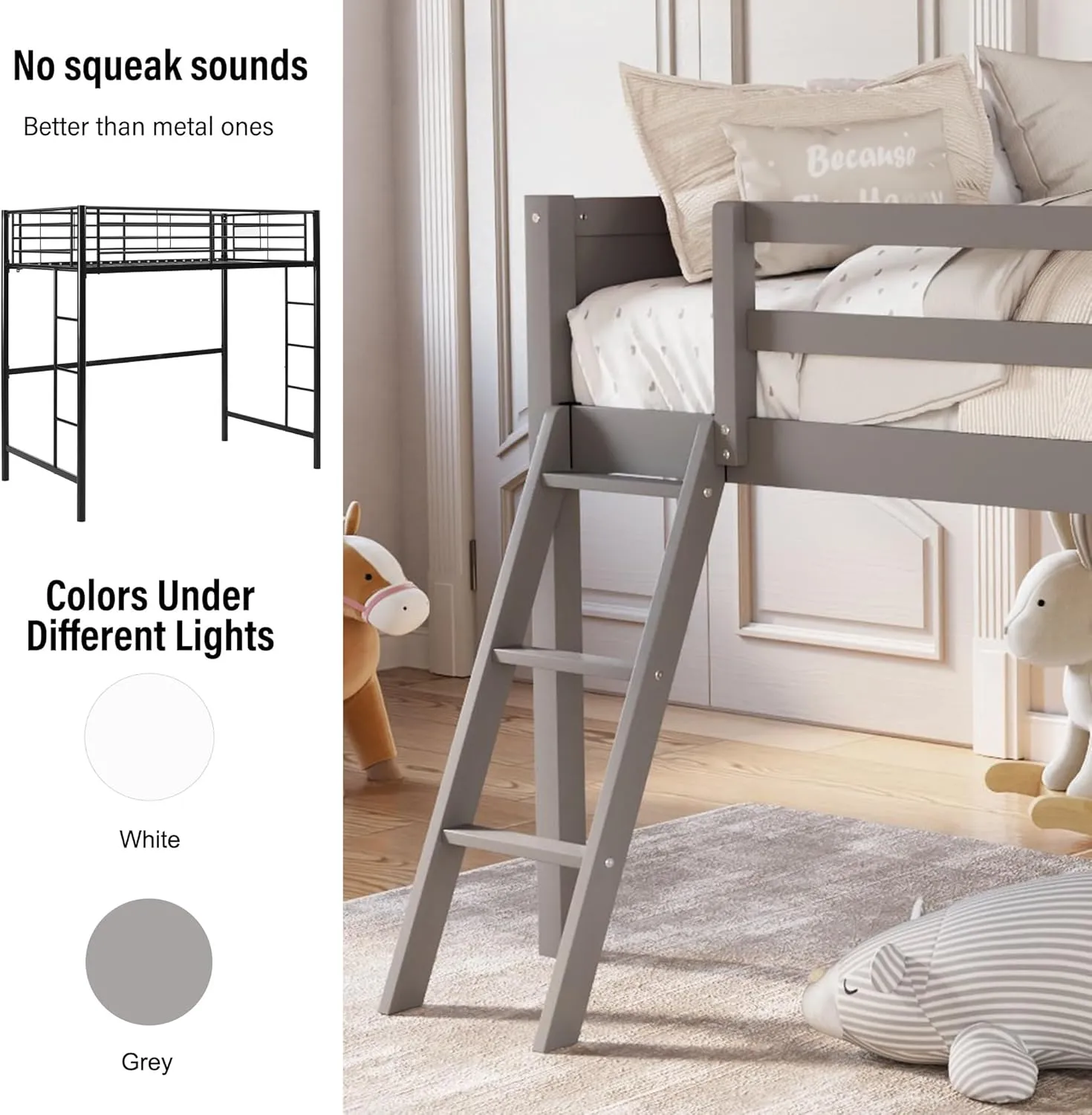 Merax Low Loft Bed: Wooden loft Bed with Ladder, Low Loft Bed with Full Guardrail,Ladder can be Placed on The Left or Right, Full Size,Grey
