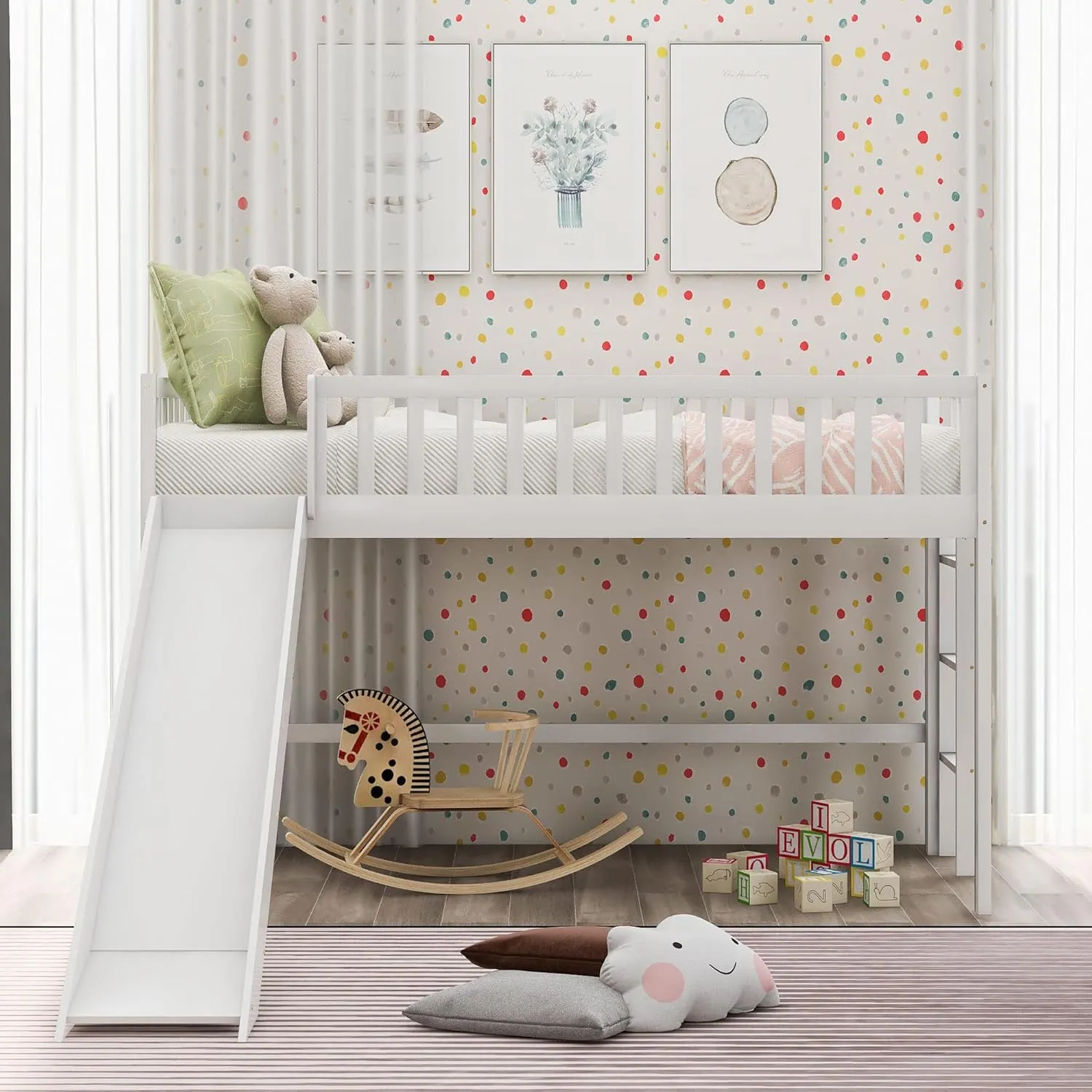 Merax Twin Size Junior Wood Loft Bed with Slide Loft Bunk Bed for Girls Boys,No Box Spring Needed,White