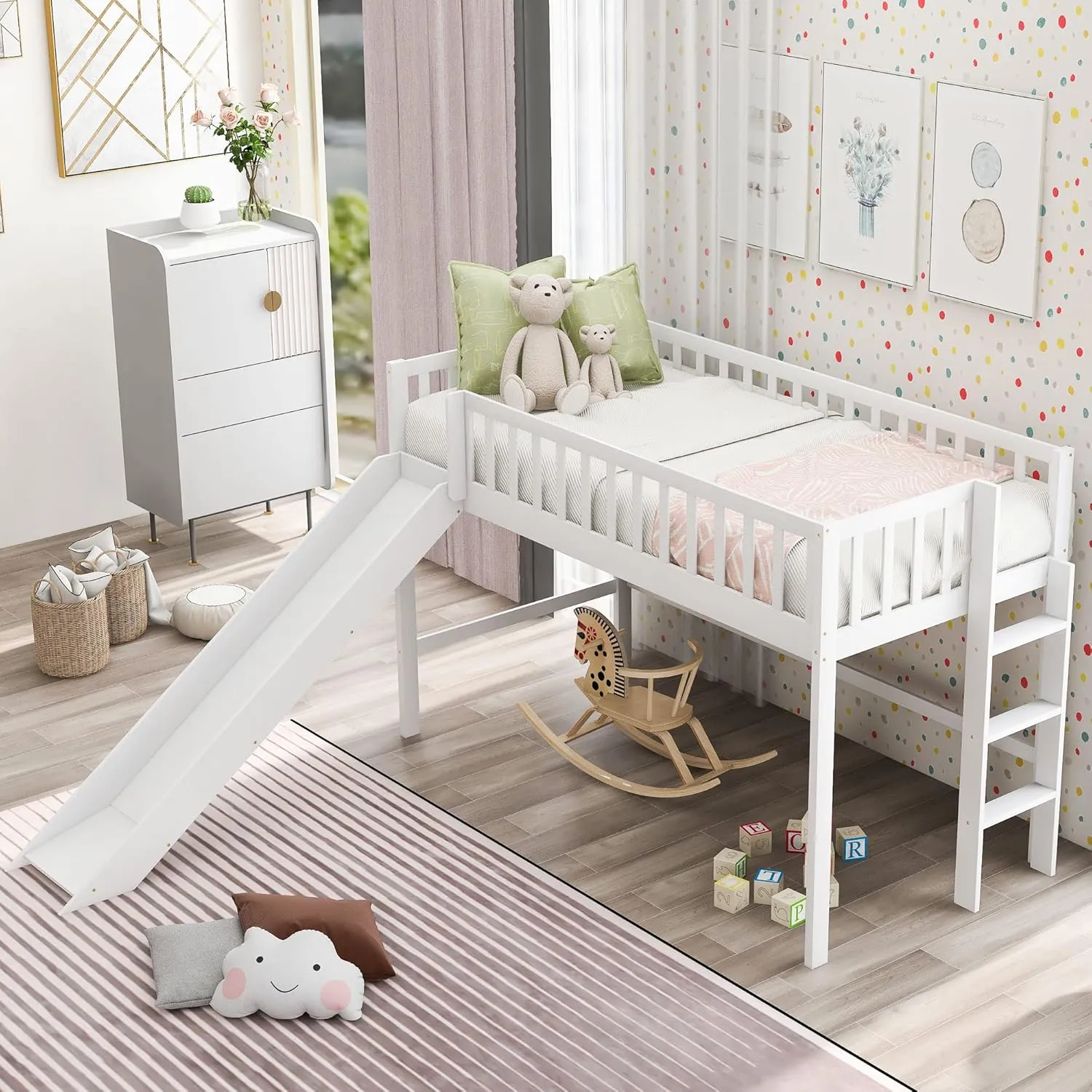Merax Twin Size Junior Wood Loft Bed with Slide Loft Bunk Bed for Girls Boys,No Box Spring Needed,White