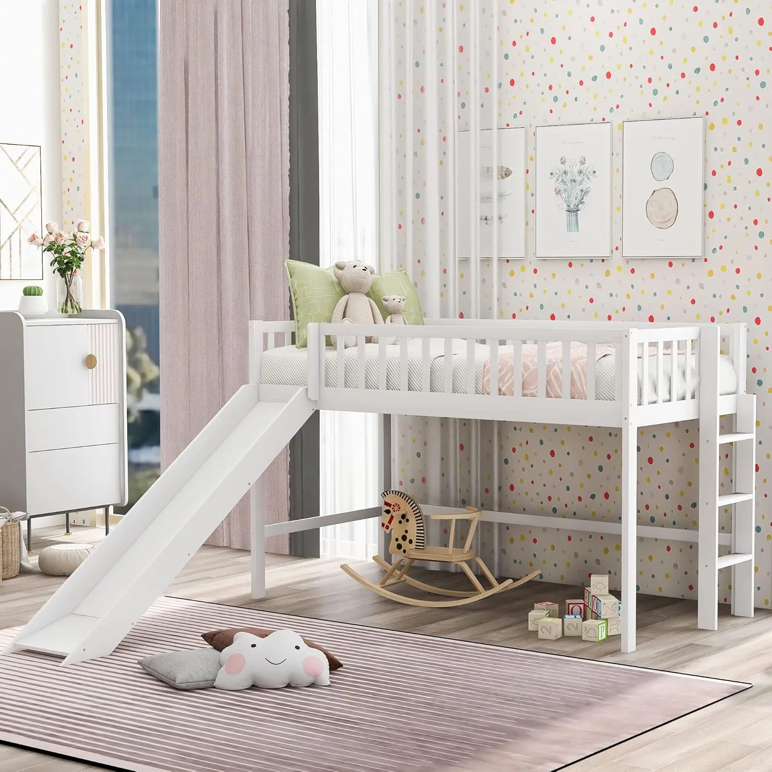 Merax Twin Size Junior Wood Loft Bed with Slide Loft Bunk Bed for Girls Boys,No Box Spring Needed,White