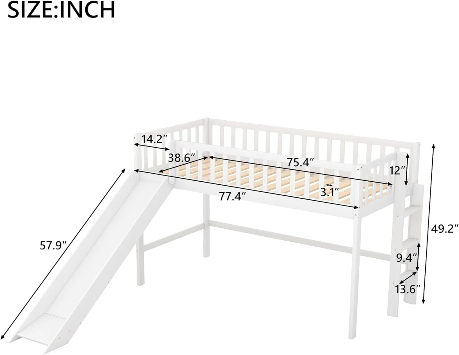 Merax Twin Size Junior Wood Loft Bed with Slide Loft Bunk Bed for Girls Boys,No Box Spring Needed,White