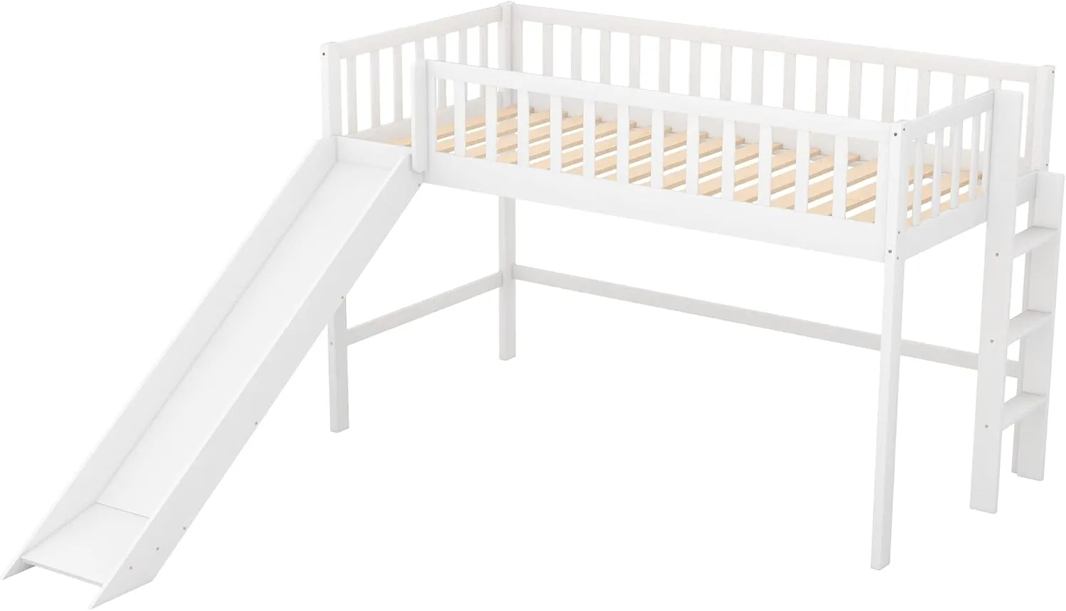 Merax Twin Size Junior Wood Loft Bed with Slide Loft Bunk Bed for Girls Boys,No Box Spring Needed,White