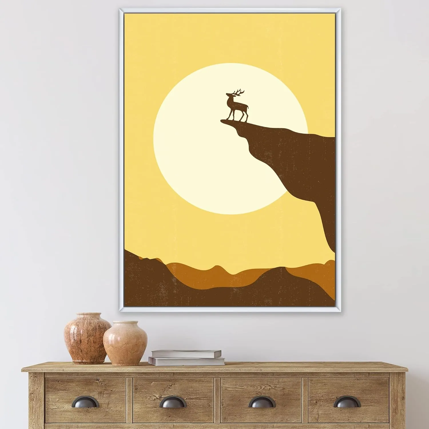 Minimalistic Deer At Sunset on Mountain Top Sunset - Lake House Framed Canvas Wall Art Print