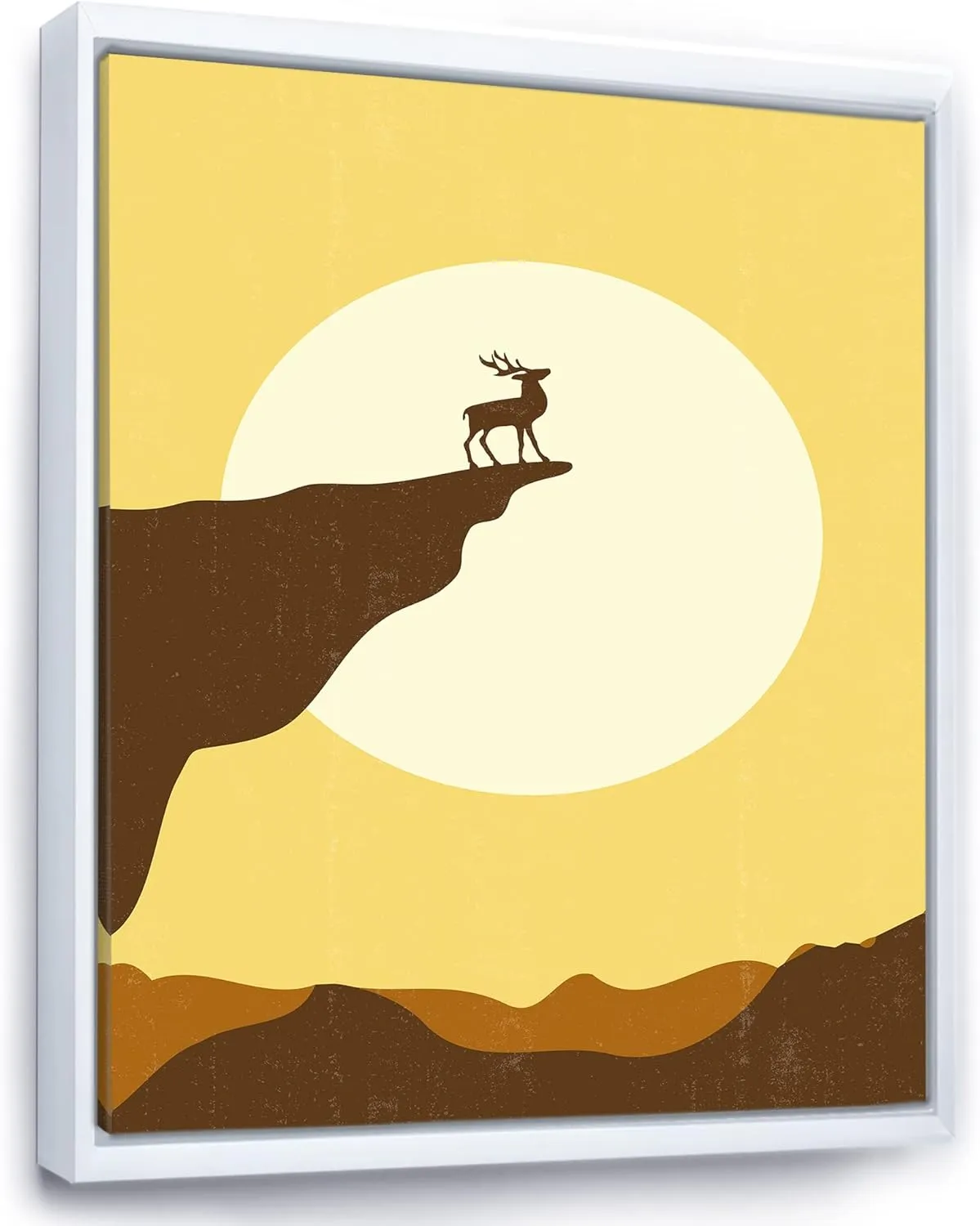 Minimalistic Deer At Sunset on Mountain Top Sunset - Lake House Framed Canvas Wall Art Print