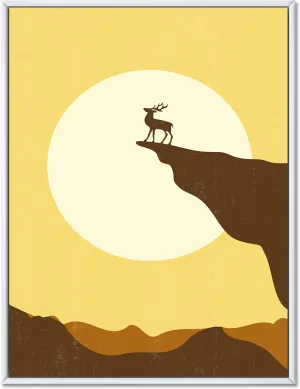 Minimalistic Deer At Sunset on Mountain Top Sunset - Lake House Framed Canvas Wall Art Print