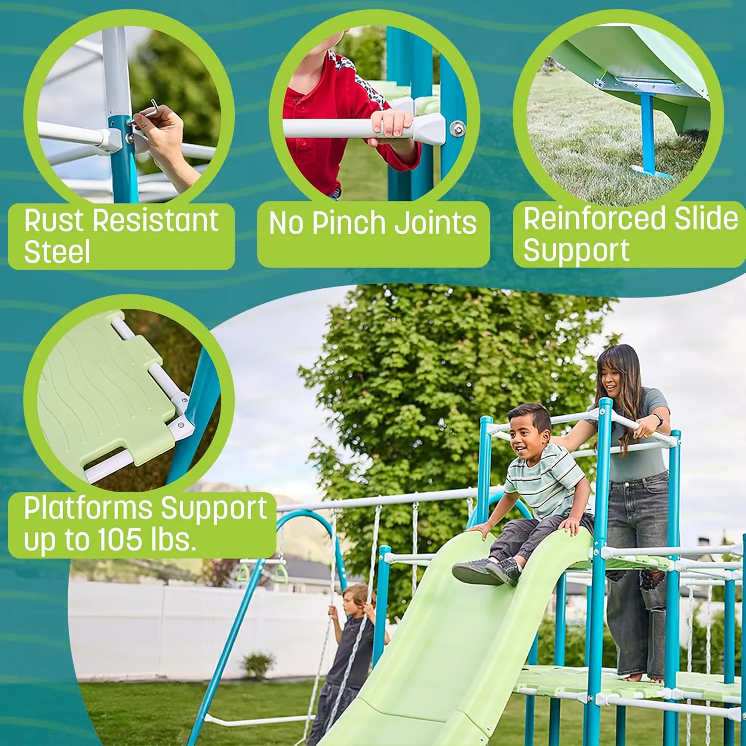 Modular Jungle Gym Set for Kids by ACTIVPLAY, Outdoor Playset, Swing, Slide, Monkey Bars, Jungle Line, Hanging Bridge, Rust Resistant, Adjustable Platforms with Safety Grooves, Heavy Duty Metal Frame