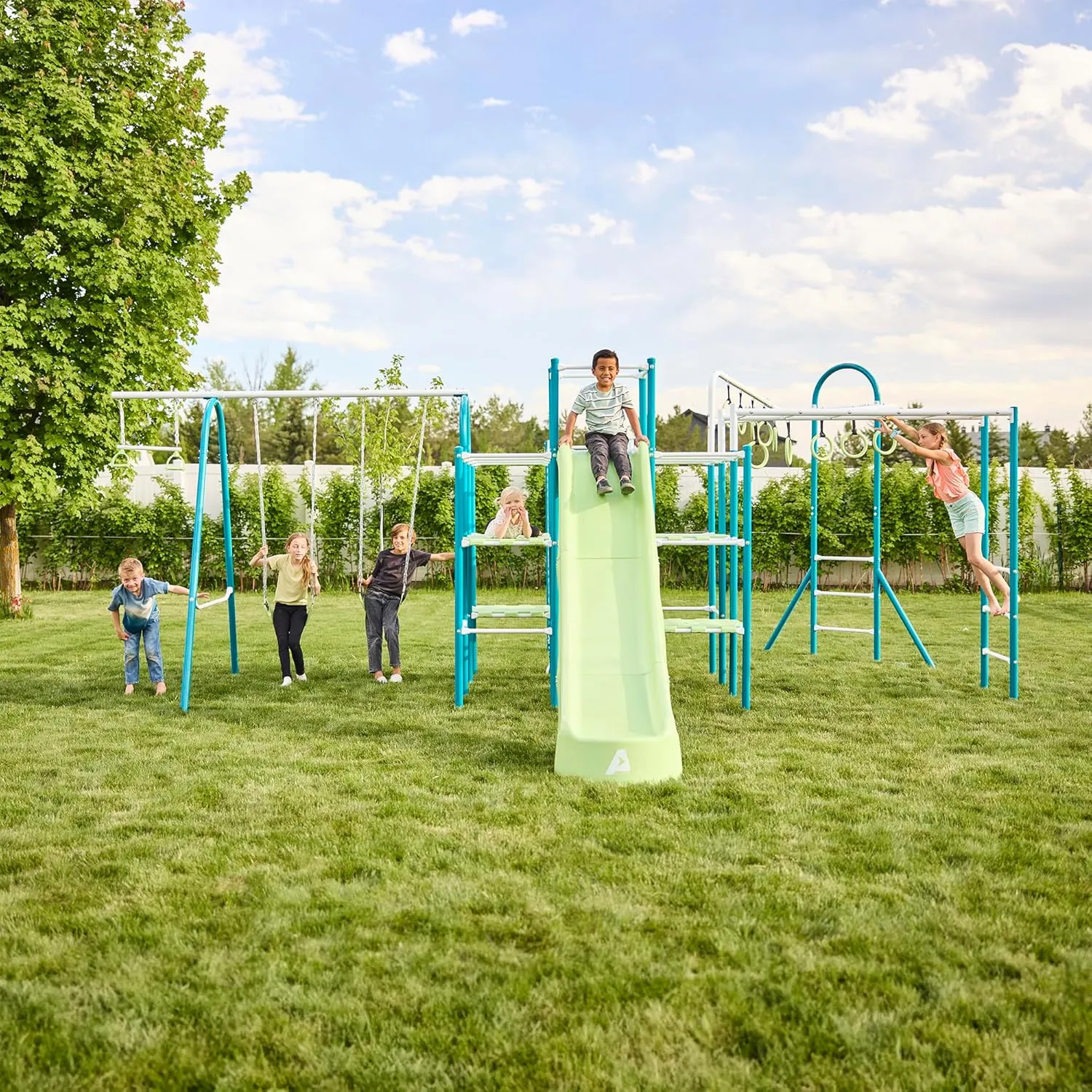 Modular Jungle Gym Set for Kids by ACTIVPLAY, Outdoor Playset, Swing, Slide, Monkey Bars, Jungle Line, Hanging Bridge, Rust Resistant, Adjustable Platforms with Safety Grooves, Heavy Duty Metal Frame