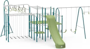 Modular Jungle Gym Set for Kids by ACTIVPLAY, Outdoor Playset, Swing, Slide, Monkey Bars, Jungle Line, Hanging Bridge, Rust Resistant, Adjustable Platforms with Safety Grooves, Heavy Duty Metal Frame