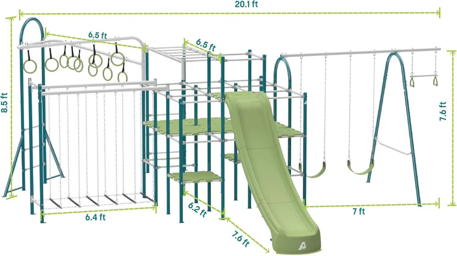 Modular Jungle Gym Set for Kids by ACTIVPLAY, Outdoor Playset, Swing, Slide, Monkey Bars, Jungle Line, Hanging Bridge, Rust Resistant, Adjustable Platforms with Safety Grooves, Heavy Duty Metal Frame