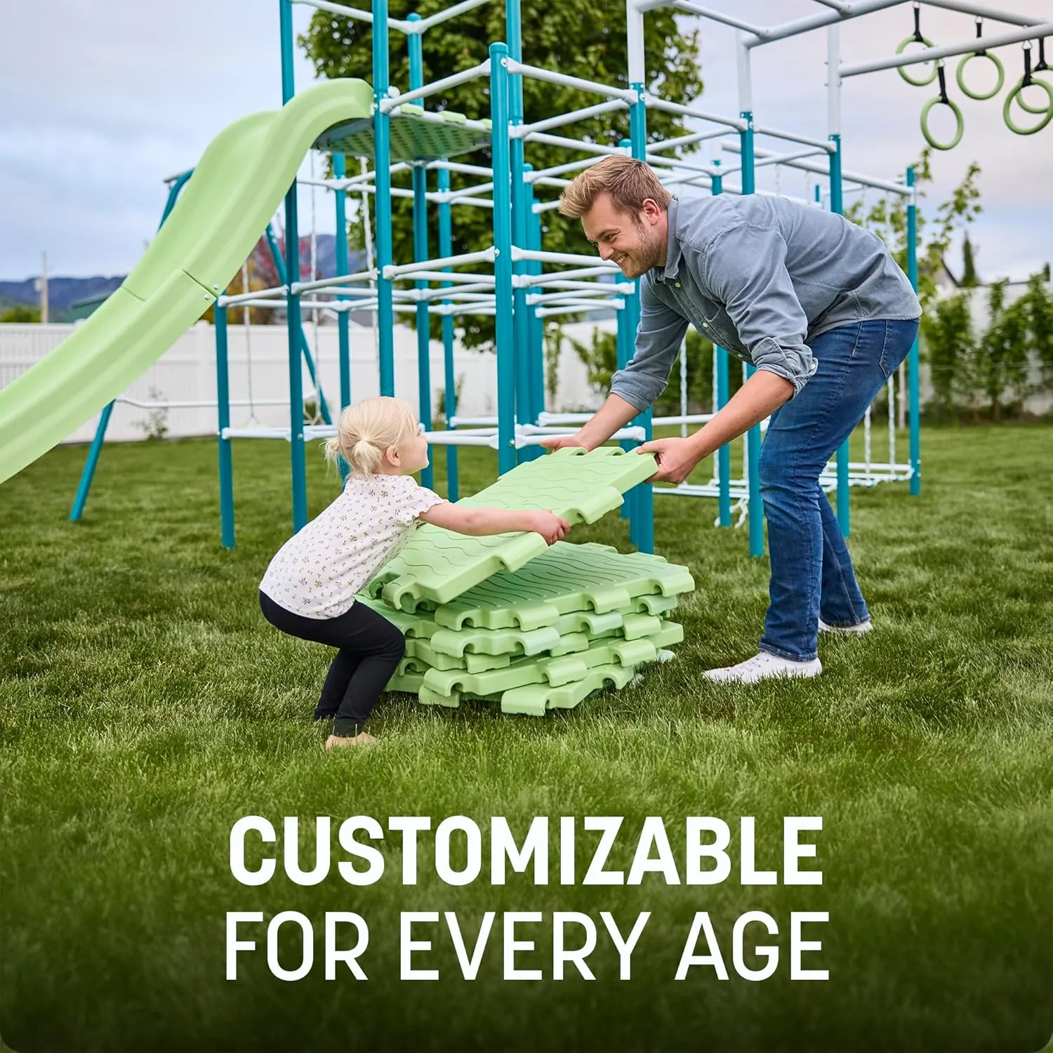 Modular Jungle Gym Set for Kids by ACTIVPLAY, Outdoor Playset, Swing, Slide, Monkey Bars, Jungle Line, Hanging Bridge, Rust Resistant, Adjustable Platforms with Safety Grooves, Heavy Duty Metal Frame