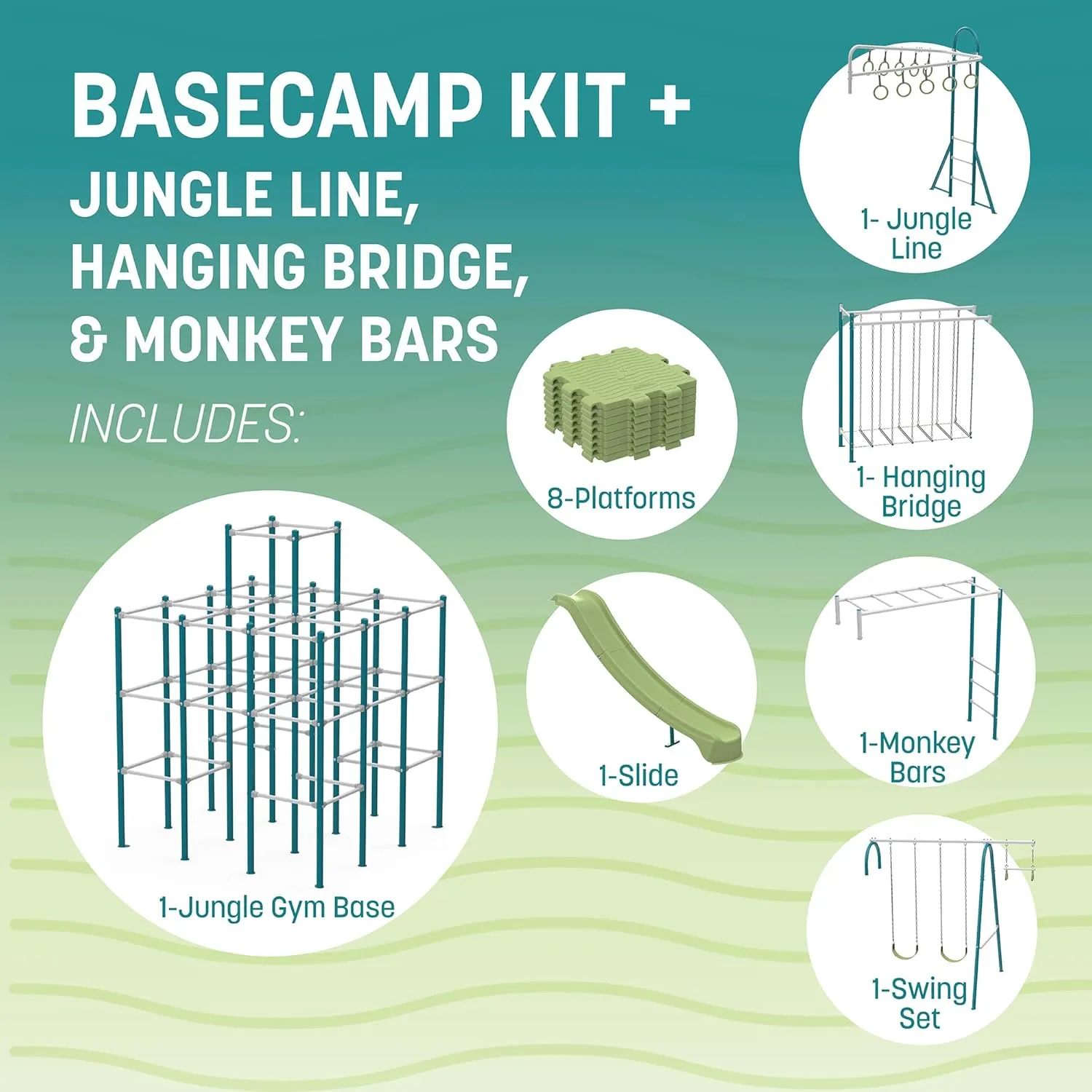 Modular Jungle Gym Set for Kids by ACTIVPLAY, Outdoor Playset, Swing, Slide, Monkey Bars, Jungle Line, Hanging Bridge, Rust Resistant, Adjustable Platforms with Safety Grooves, Heavy Duty Metal Frame
