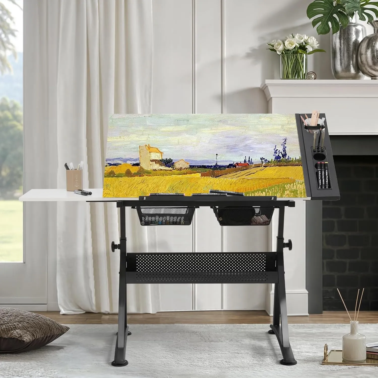 MoNiBloom Art Deco Drafting Table, Height-Adjustable, Tiltable Tabletop, Stool for Reading Writing Painting, Homeschooling Desk for Children with 2 Storage Drawers