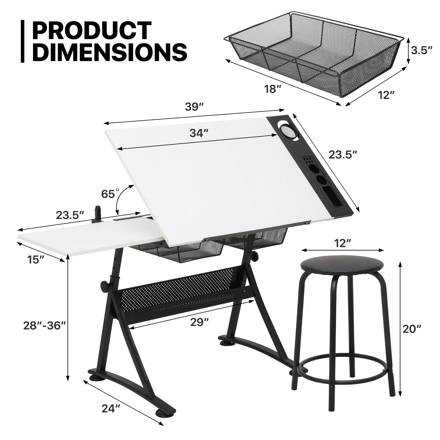 MoNiBloom Art Deco Drafting Table, Height-Adjustable, Tiltable Tabletop, Stool for Reading Writing Painting, Homeschooling Desk for Children with 2 Storage Drawers
