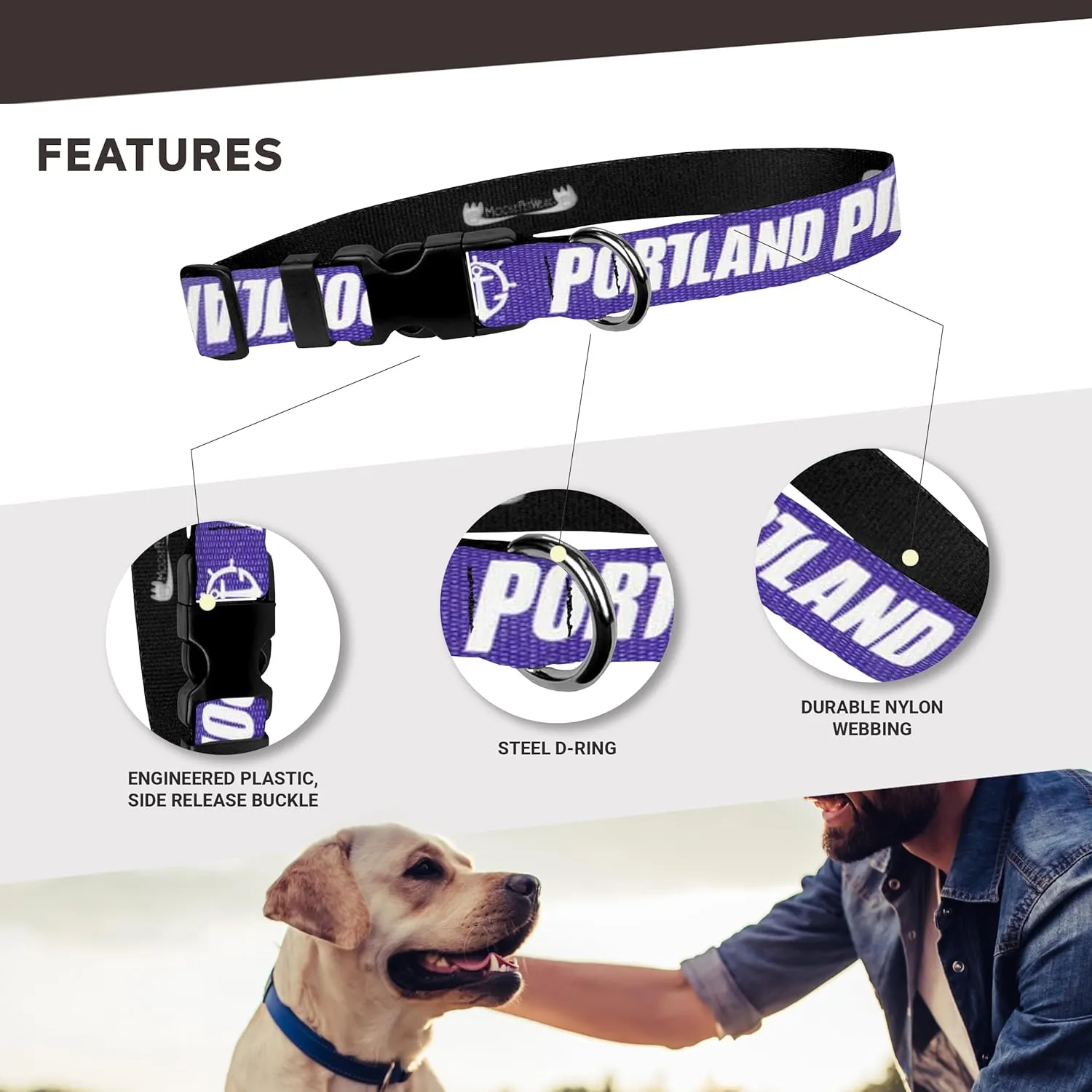 Moose Racing University of Portland Dog Collar - Deluxe Adjustable Dog Collars, 3/4" Wide Collar Adjusts 11-1/2 – 17-1/2", Medium, Pilots On Purple