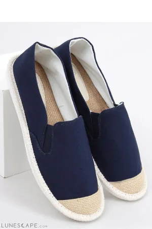Navy Canvas Round-Toe Espadrille Flats with Natural Cap Toe