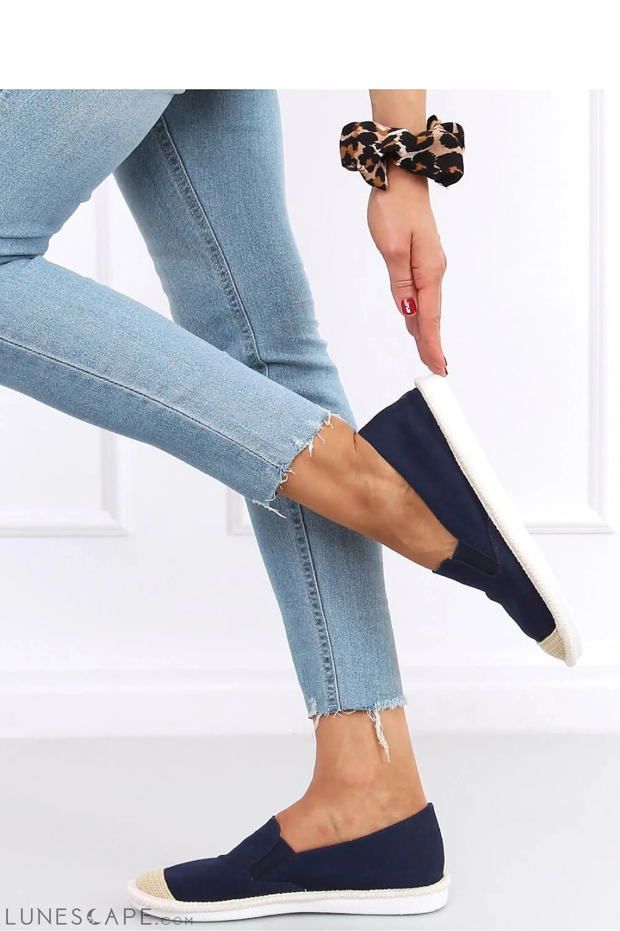 Navy Canvas Round-Toe Espadrille Flats with Natural Cap Toe
