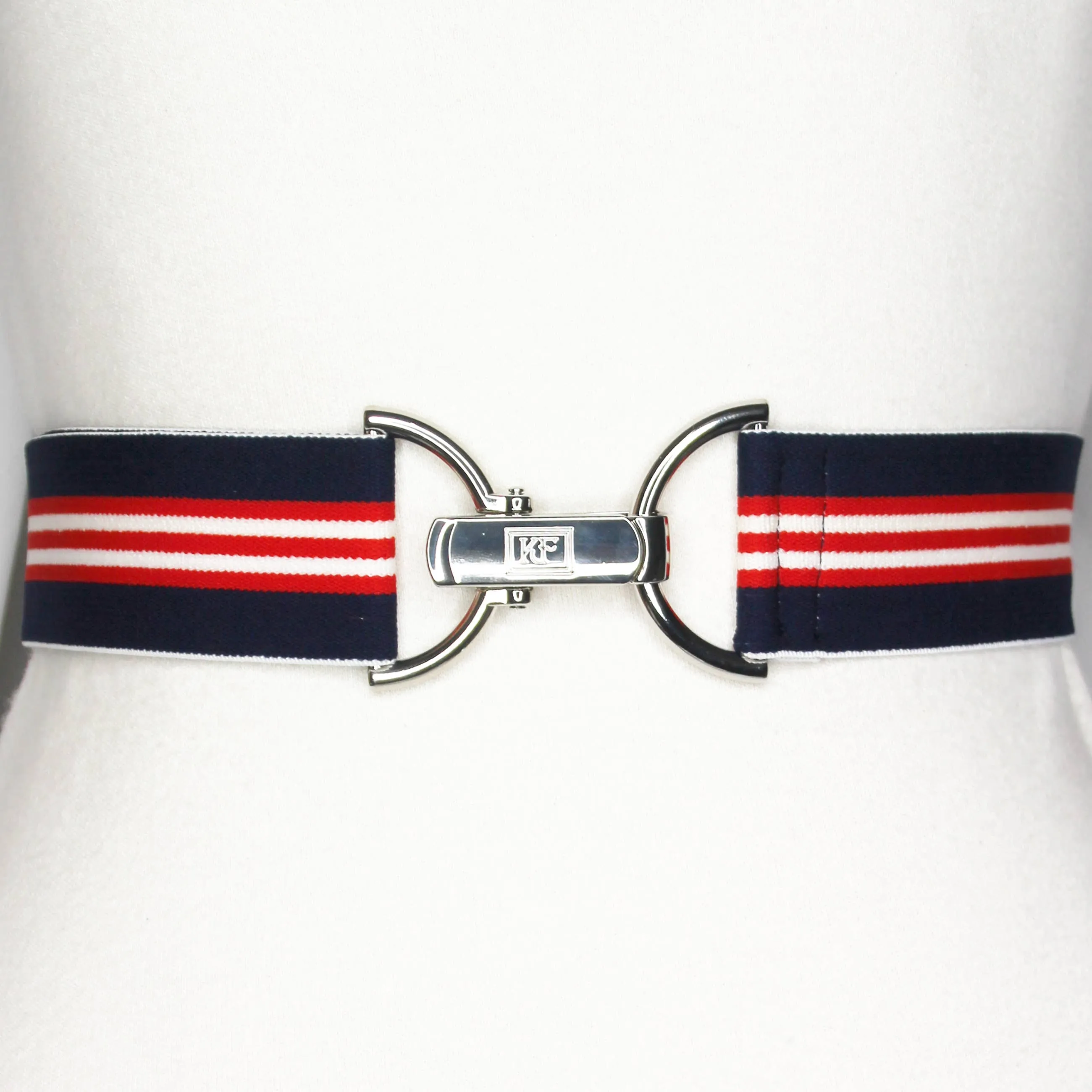 Navy Red White Stripe Elastic circle buckle- adjustable belt