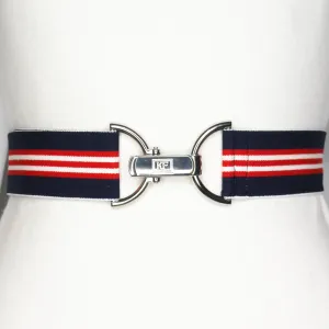 Navy Red White Stripe Elastic circle buckle- adjustable belt