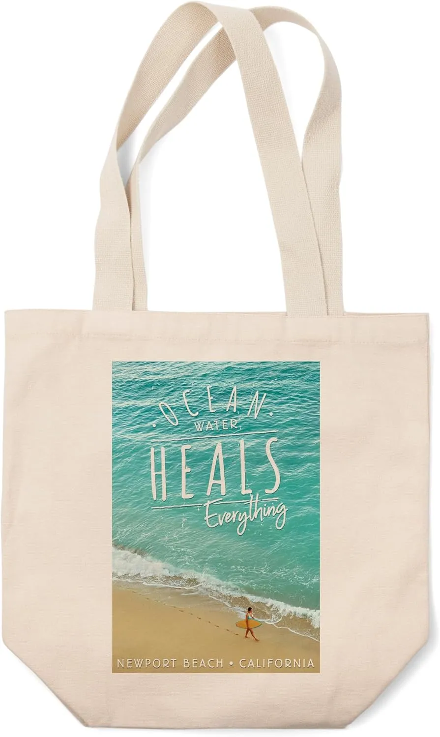 Newport Beach, California, Surfer Walking on Beach, Ocean Water Heals Everything Press (100% Cotton Canvas Reusable Tote Bag)