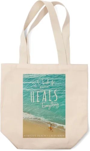Newport Beach, California, Surfer Walking on Beach, Ocean Water Heals Everything Press (100% Cotton Canvas Reusable Tote Bag)
