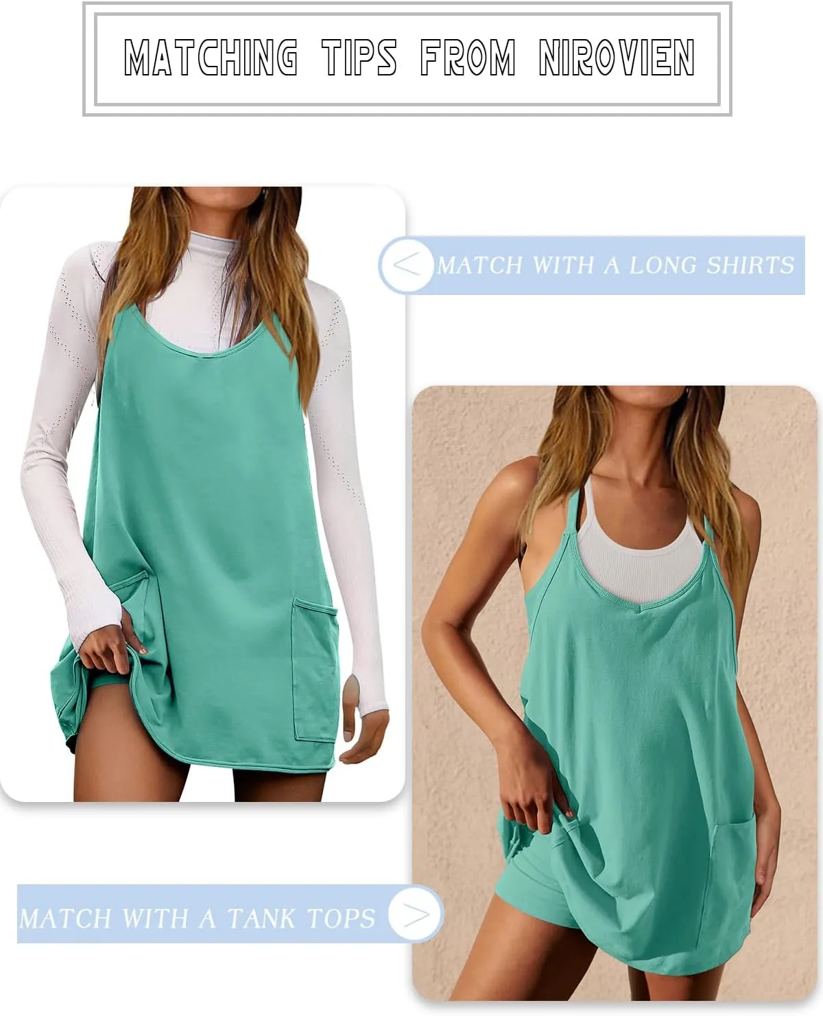 Nirovien Womens Tennis Dress Workout Mini Dress with Shorts Sleeveless Spaghetti Straps Golf Athletic Dresses
