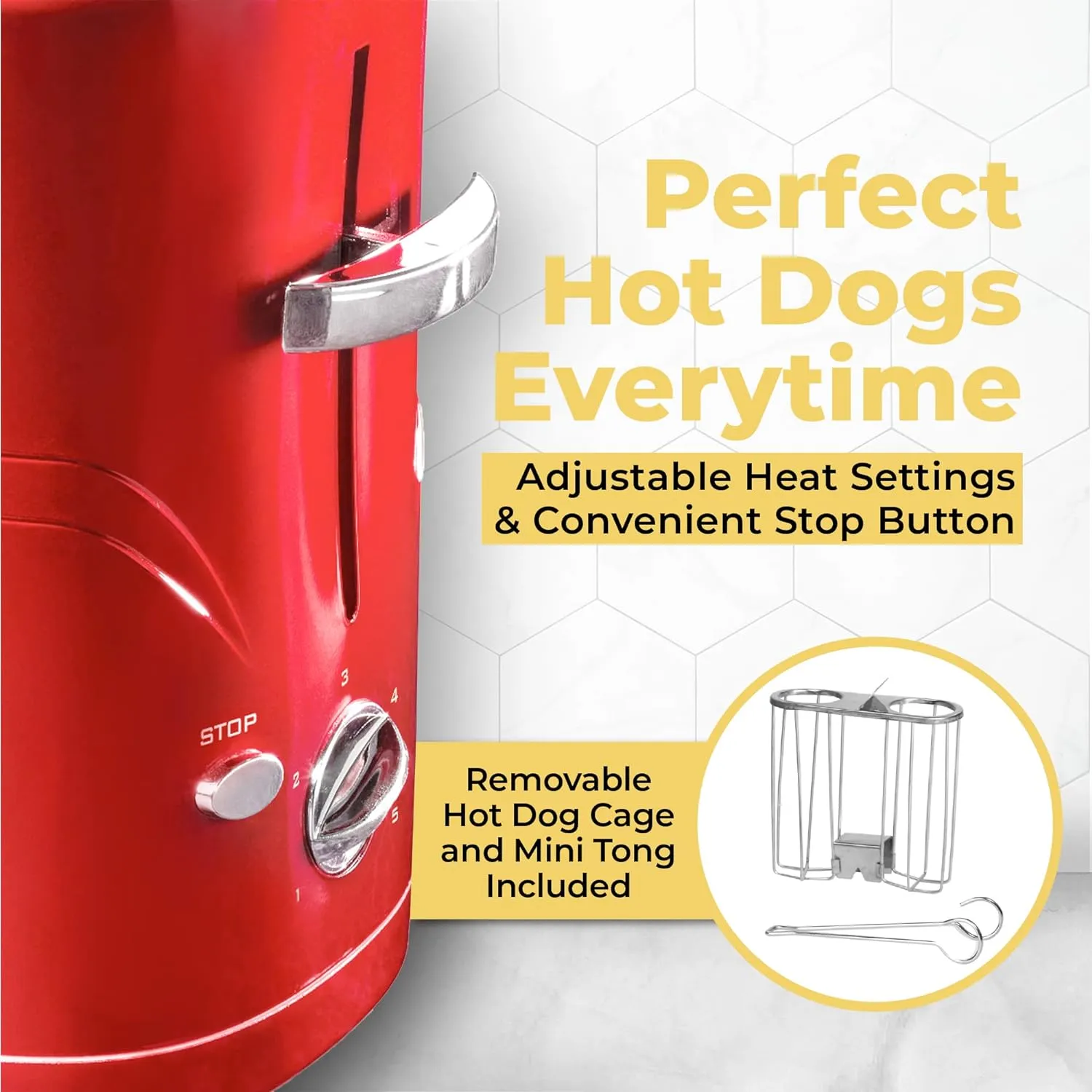 Nostalgia 2 Slot Hot Dog and Bun Toaster with Mini Tongs, Retro Toaster, Cooker that Works Chicken, Turkey, Veggie Links, Sausages Brats, Metallic Red