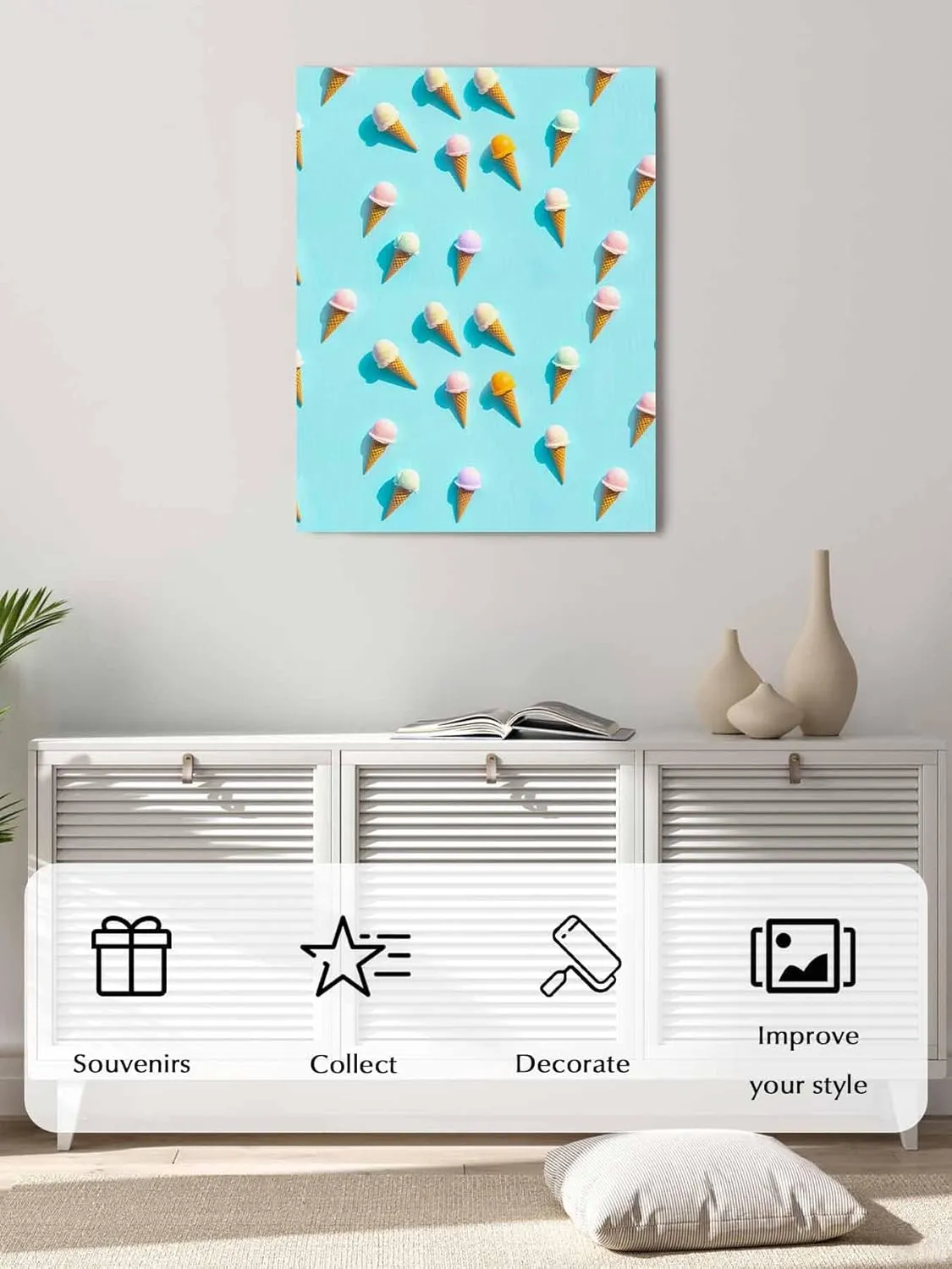NuYeBiofx Summer Sweet Dessert on Mint Green Canvas Wall Art Prints,40"x20" Framed Picture Artwork Seamless Icy Cream Printed Canvas Oil Painting for Living Room Bedroom Office,Ready to Hang