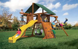 Oasis V Outdoor Wood Backyard Play System with Green Wave Slide