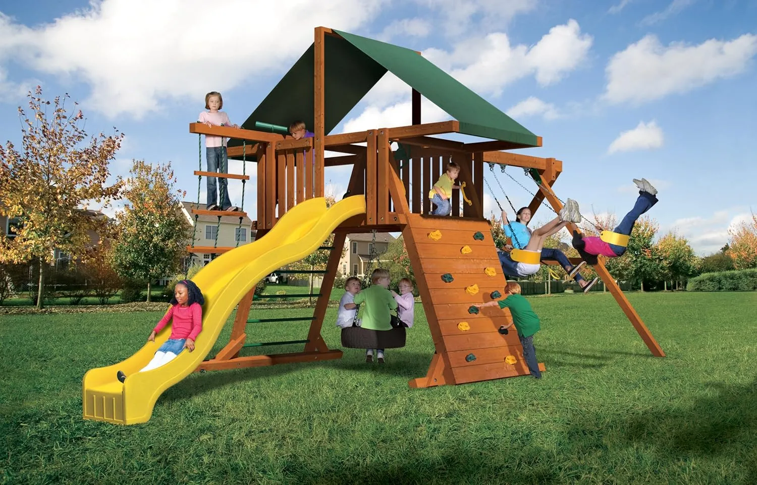 Oasis V Outdoor Wood Backyard Play System with Green Wave Slide