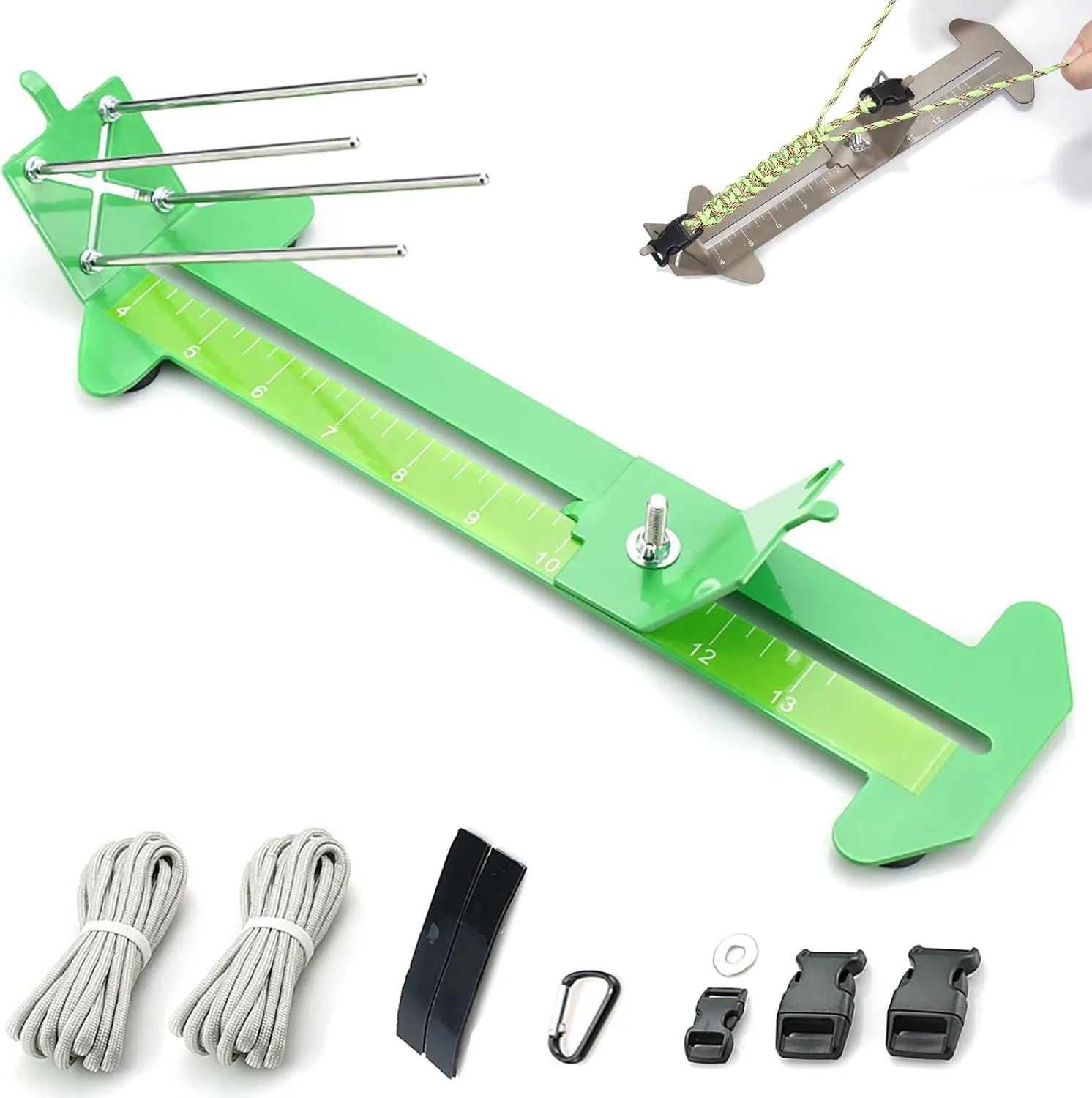 Paracord Jig Tools Bracelet Making Kit Accessories Adjustable Paracord Jig Kit with 2 Cords and 3 Buckles Bracelet Adjustable Length 4" to 13" (Green)