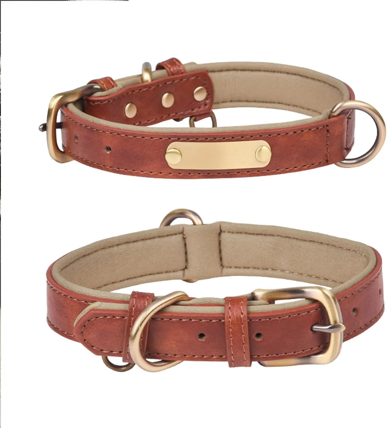 Personalized Custom Leather Dog Collar Adjustable Customizable Dog Collar for Small Medium Large X-Large Custom Engravable Name Plate (Brown)