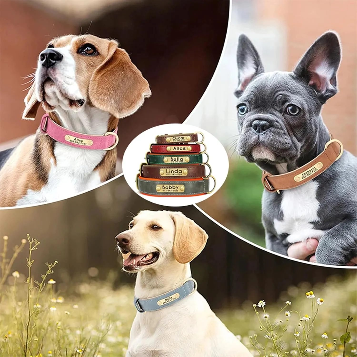 Personalized Custom Leather Dog Collar Adjustable Customizable Dog Collar for Small Medium Large X-Large Custom Engravable Name Plate (Brown)