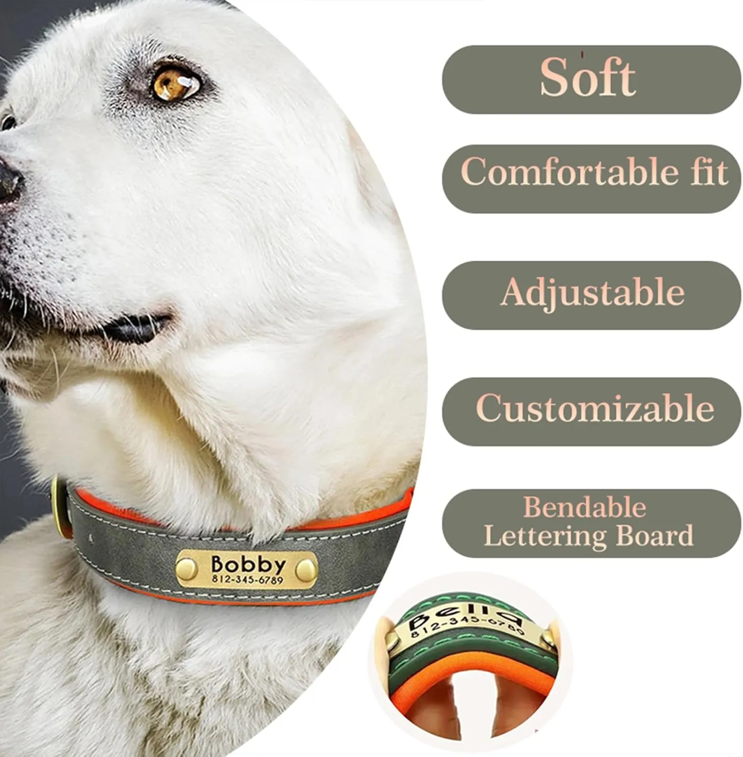 Personalized Custom Leather Dog Collar Adjustable Customizable Dog Collar for Small Medium Large X-Large Custom Engravable Name Plate (Brown)