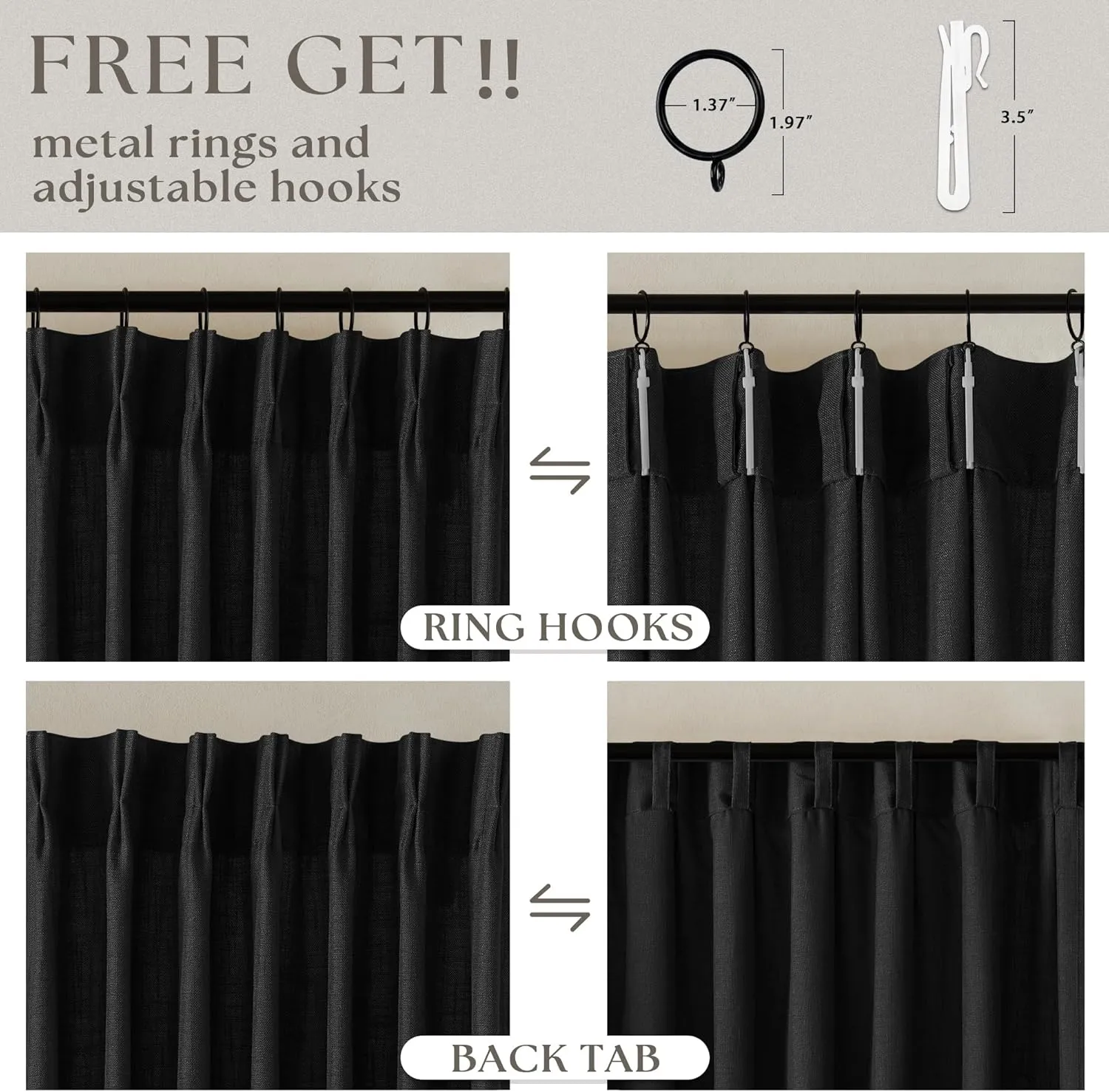 Pinch Pleated Black Linen Curtains 96 Inches Long for Living Room Bedroom Light Filtering Boho Window Drape 96 Inch 2 Panels with Hooks Rings 8ft Black Sliding Glass Door Semi Sheer Curtain