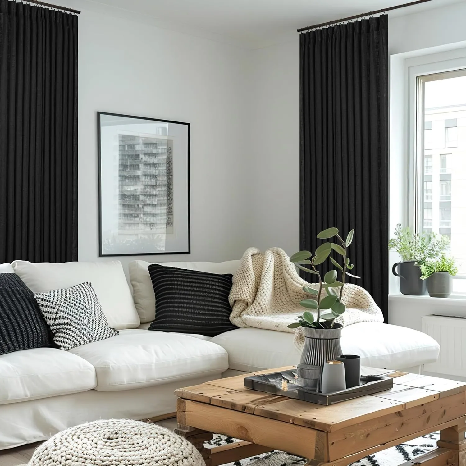 Pinch Pleated Black Linen Curtains 96 Inches Long for Living Room Bedroom Light Filtering Boho Window Drape 96 Inch 2 Panels with Hooks Rings 8ft Black Sliding Glass Door Semi Sheer Curtain