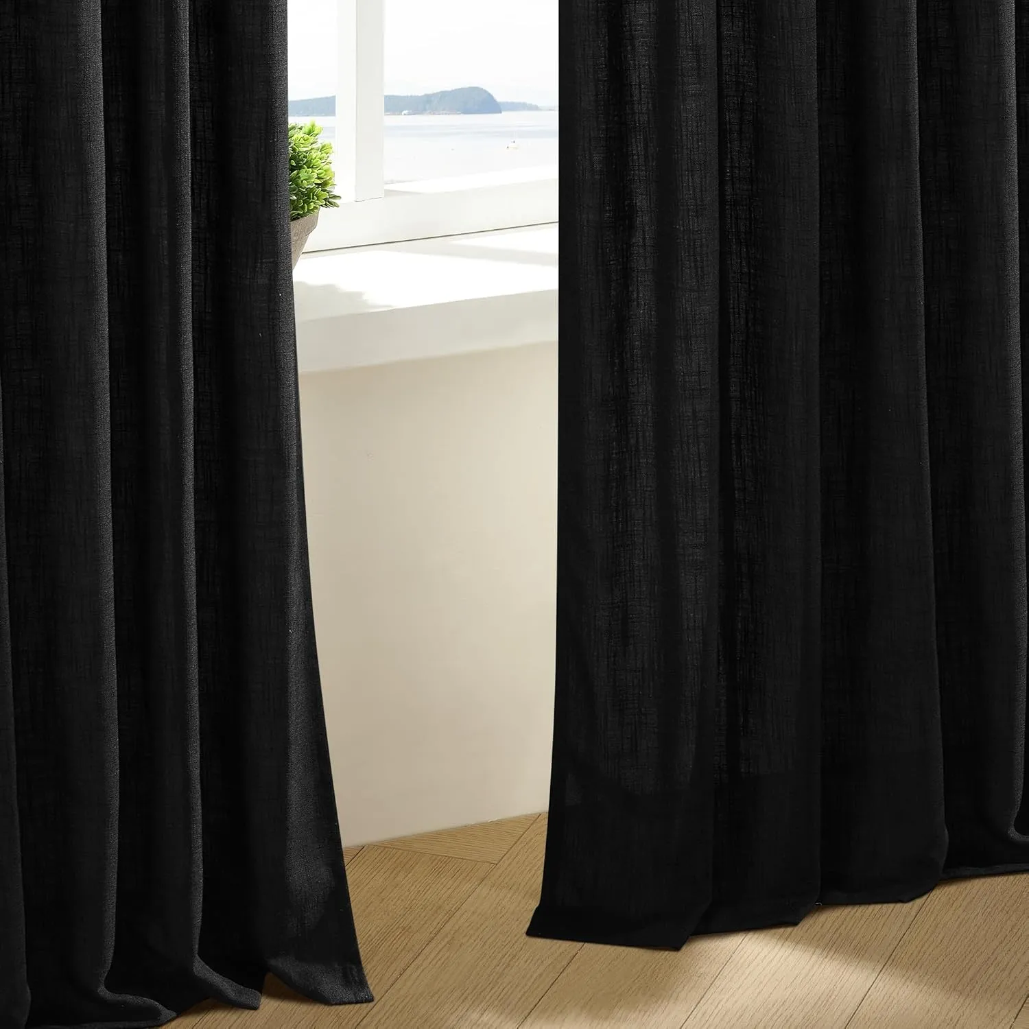 Pinch Pleated Black Linen Curtains 96 Inches Long for Living Room Bedroom Light Filtering Boho Window Drape 96 Inch 2 Panels with Hooks Rings 8ft Black Sliding Glass Door Semi Sheer Curtain