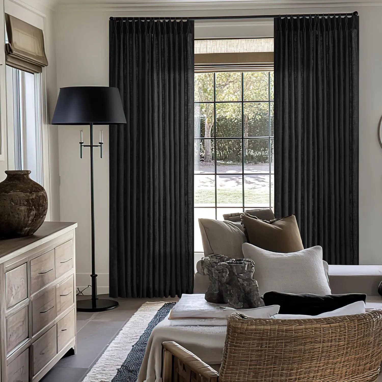 Pinch Pleated Black Linen Curtains 96 Inches Long for Living Room Bedroom Light Filtering Boho Window Drape 96 Inch 2 Panels with Hooks Rings 8ft Black Sliding Glass Door Semi Sheer Curtain