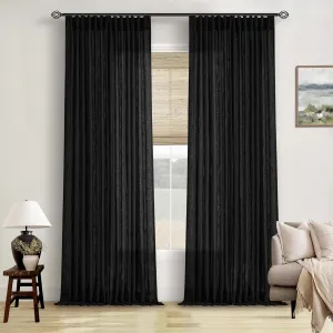 Pinch Pleated Black Linen Curtains 96 Inches Long for Living Room Bedroom Light Filtering Boho Window Drape 96 Inch 2 Panels with Hooks Rings 8ft Black Sliding Glass Door Semi Sheer Curtain